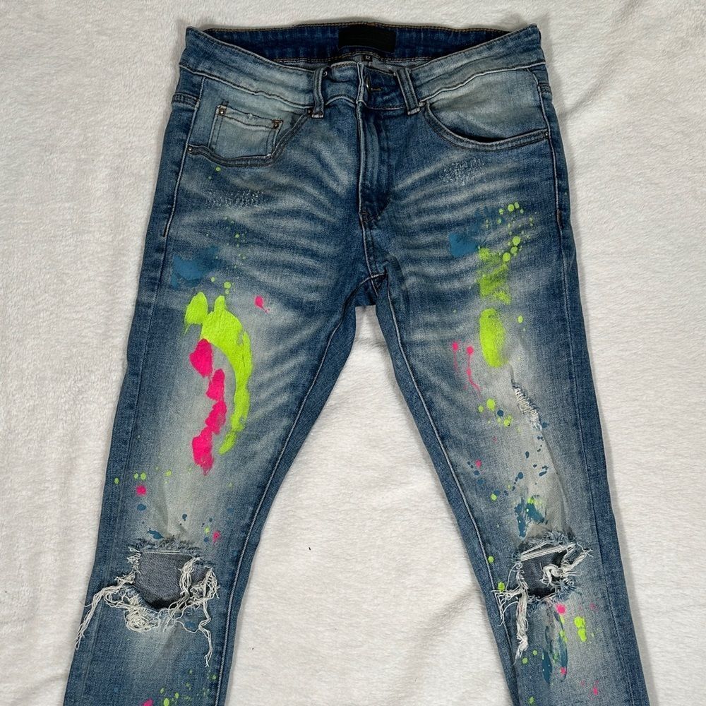 Tulones Currency Collection Stylish Blue Jeans with Neon Paint Splatter!